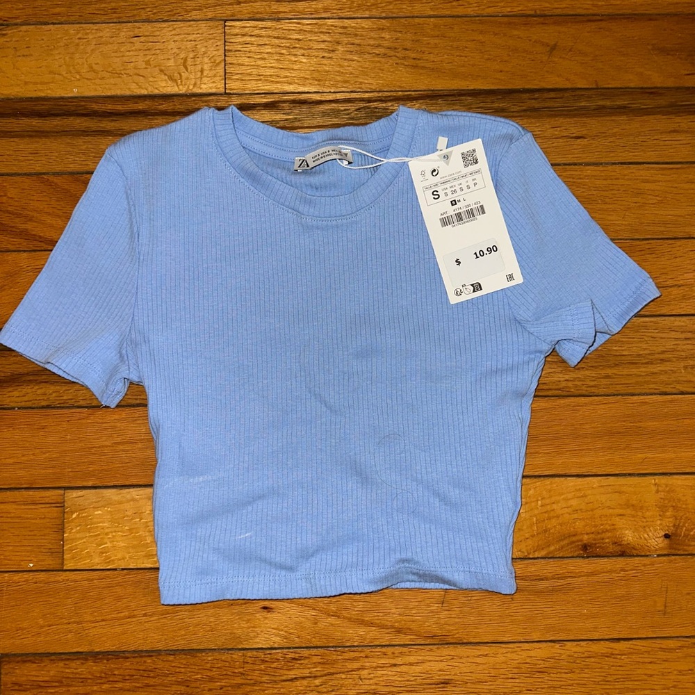 Zara Light Blue Ribbed Crop Top